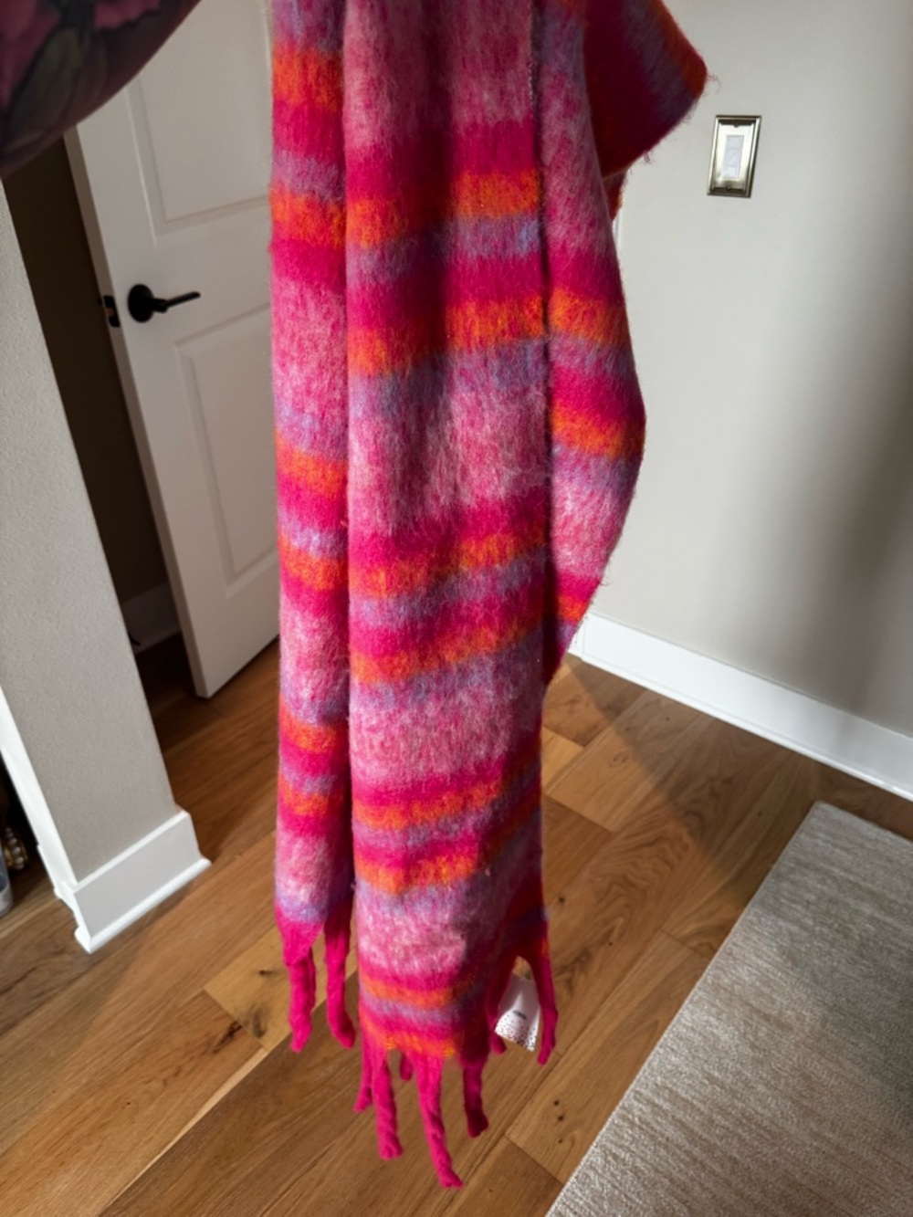 Striped Pink Orange Mohair-Feel Fringe Scarf